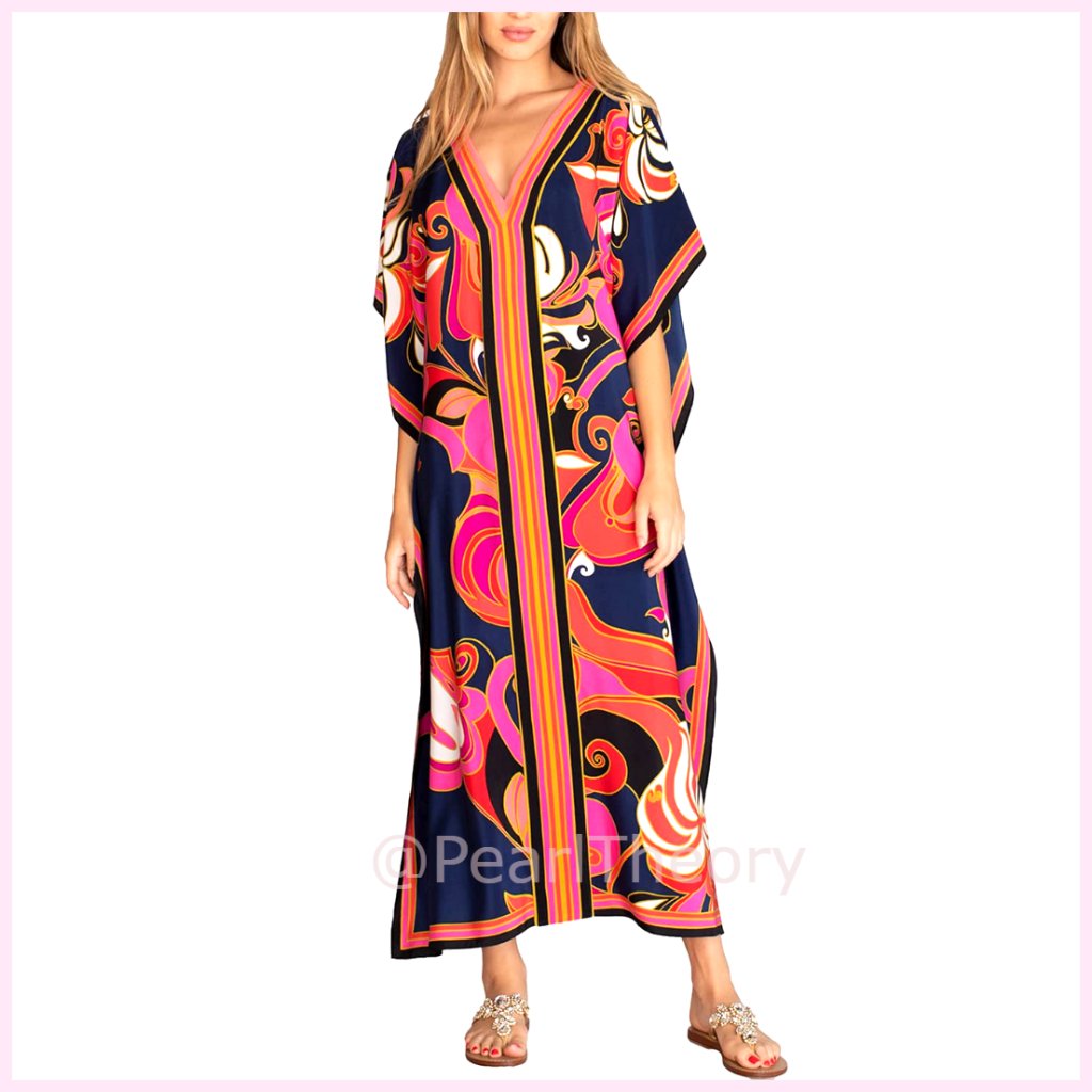 Long Print Swimwear Cover Up V Neck Side Split Beach Caftan Lounge Dress